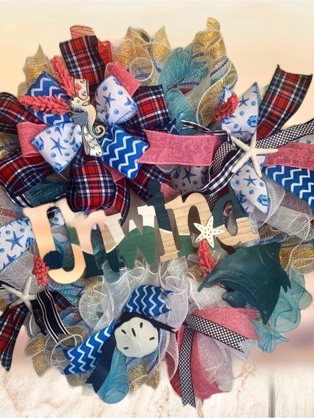 Nautical Beach Lovers Wreath in Blue, Pink and Teal